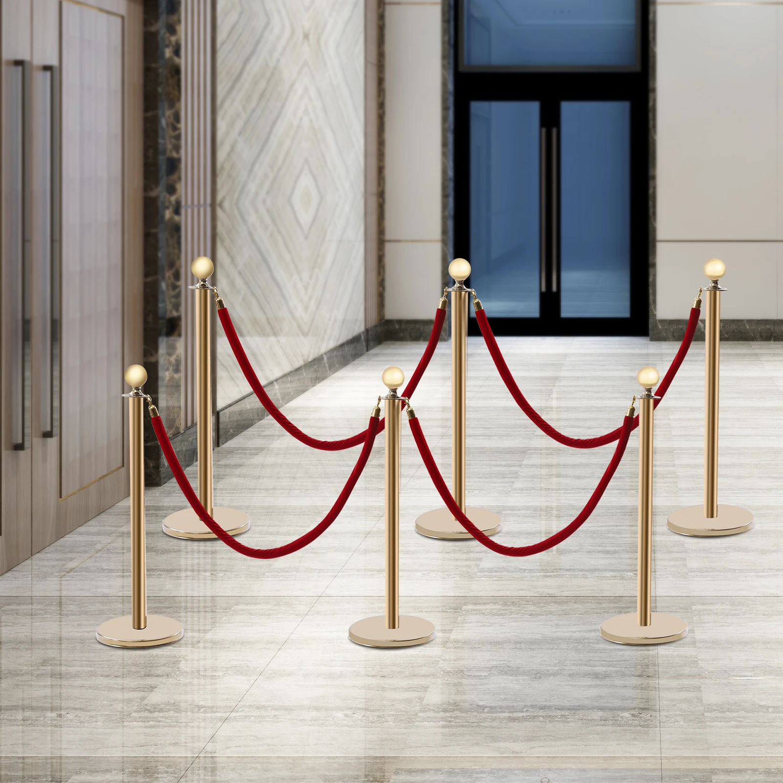 Crowd Control Stanchion with Crimson Velvet Ropes – Durable Stainless Steel Posts, 5ft Length Ropes, 4-Directional Connection,