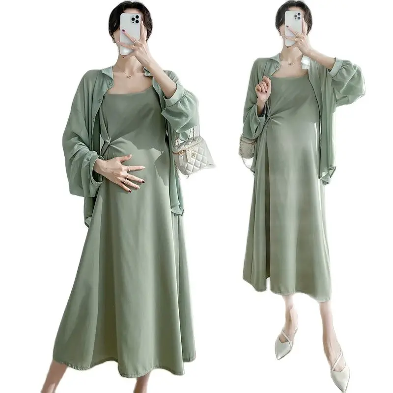 

Green Pregnancy Summer Clothes Set Summer Fashion Chiffon Shirts+Strap Dress Maternity Twinset Pregnant Woman Dress with Cape