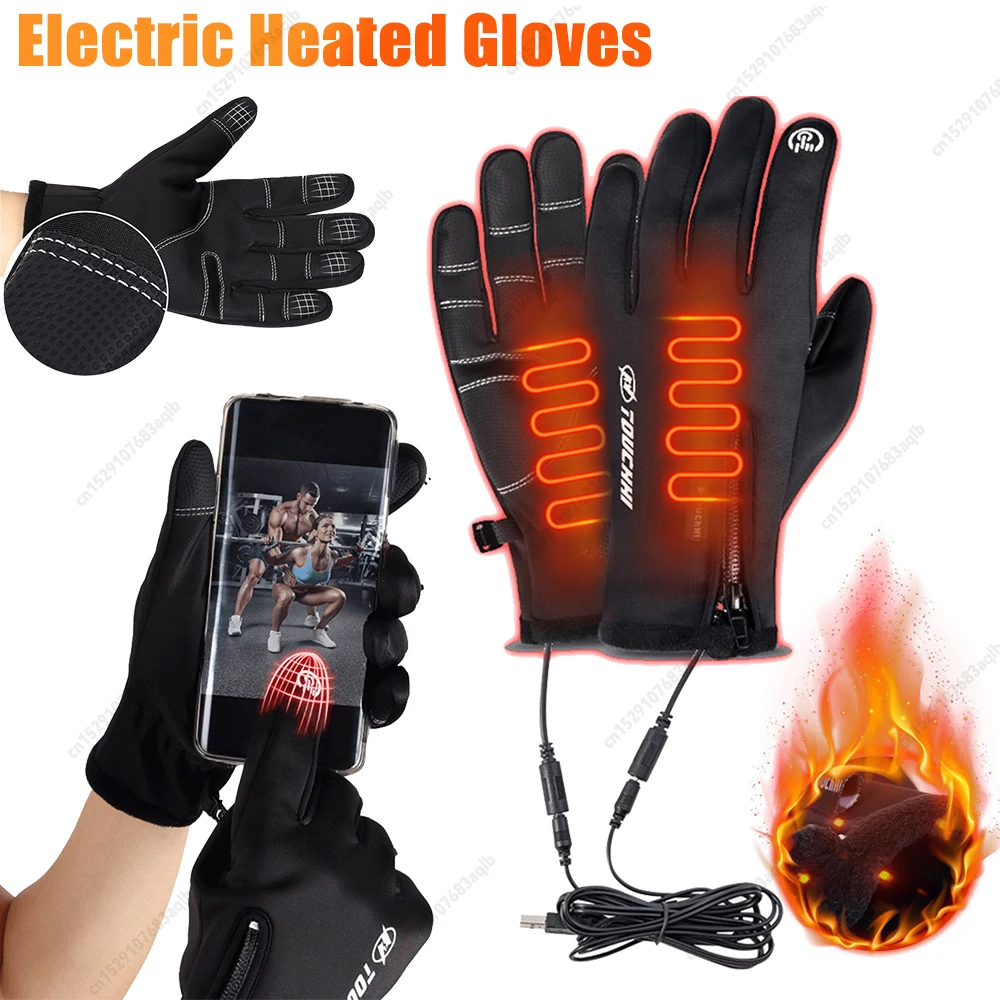 USB Heated Gloves Windproof Cold Weather Heating Gloves Touch Screen Motorcycle Gloves Winter Hand Warmer for Skiing Cycling