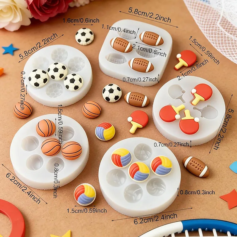 5 Pack Mini Sports Ball Silicone Fondant Mold For Chocolate Cake Decoration Soccer Basketball Rugby Volleyball Table Tennis