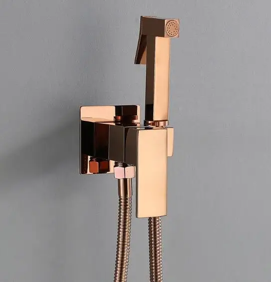 Square Rose Gold Brass Hand Held Portable Hot Cold Bathroom Handheld Bidet Toilet Sprayer Toilet Bidet Set with Shower Valve