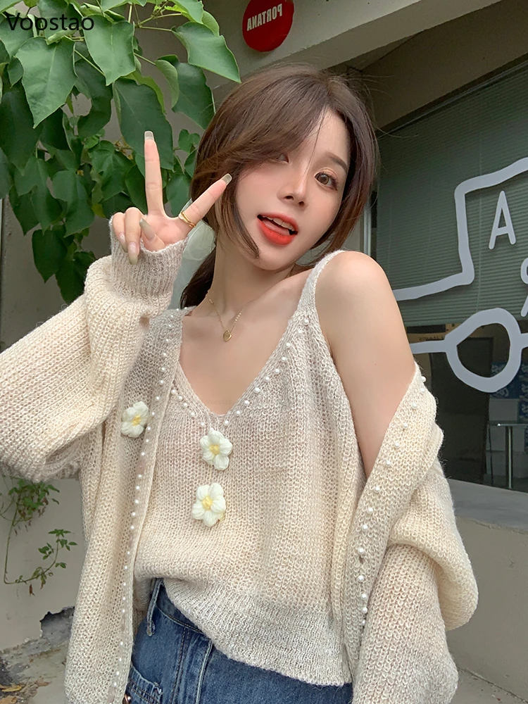 Autumn Sweet Pink Knitted Cardigan 2 Piece Set Women Casual Camisole + Flowers Pearl Sweater Coat Female Elegant Loose Clothing