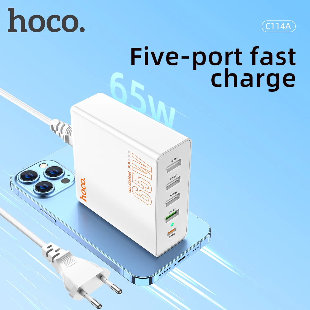 HOCO 65W USB Charger Desktop Laptop PD 4 Ports USB Type C Charger For iphone 14 13 12 Samsung Laptop Pad Macbook 5 in 1 Adapter