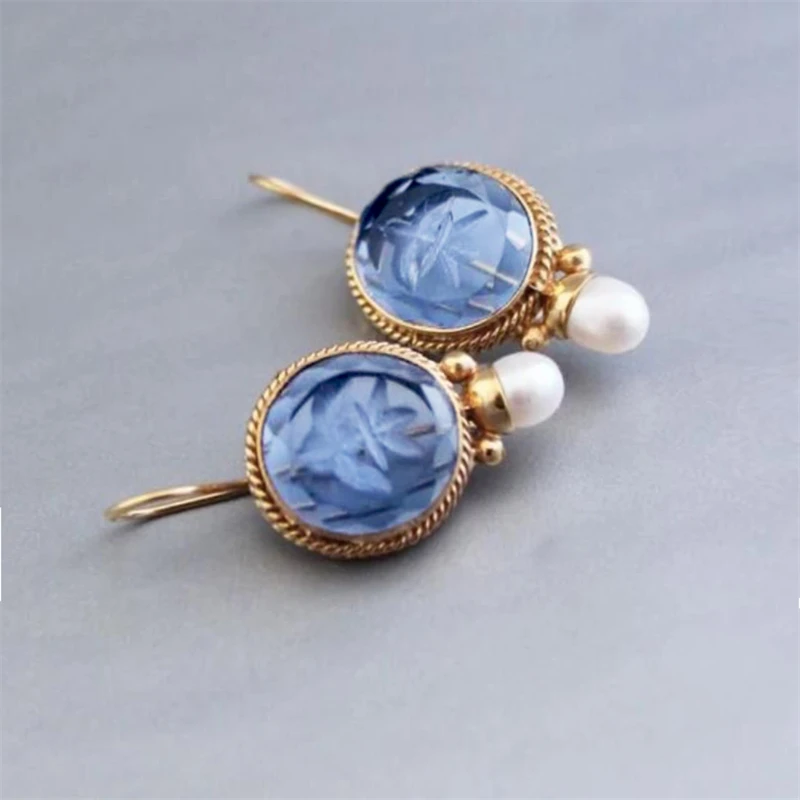 1 Pair Fashion Round Vintage Style Pearls Crystal Stone Blue Color Earrings Women\'s New Elegant Party Prom Jewelry