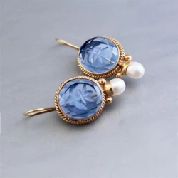 1 Pair Fashion Round Vintage Style Pearls Crystal Stone Blue Color Earrings Women's New Elegant Party Prom Jewelry