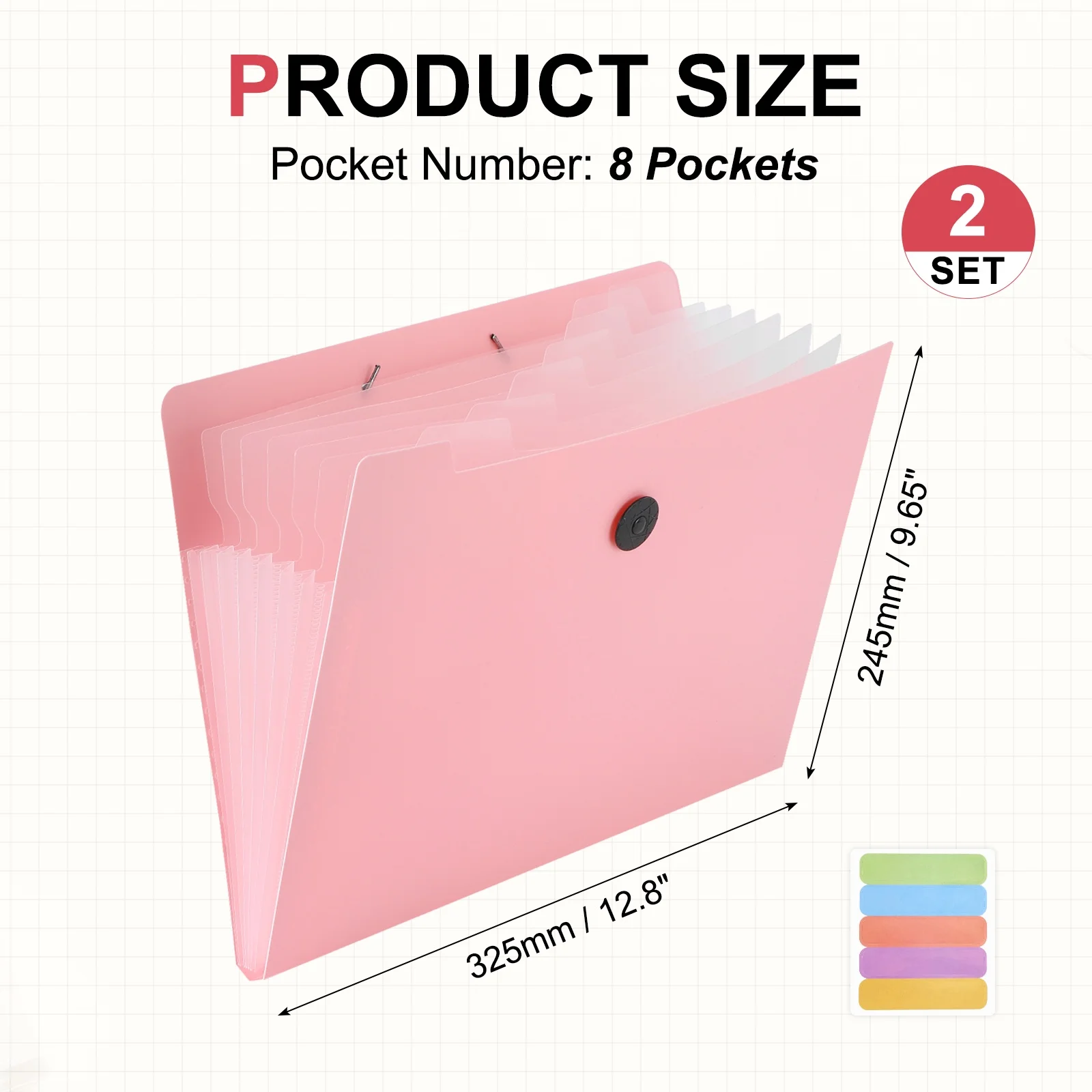 2Sets A4 Size Expanding Accordion Folder 5/8/12Pocket Accordion File Organizer with Labels Elastic Rope Closure Office Supplies