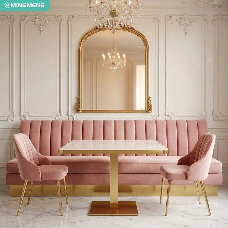 Hospitality Grade Banquette Booth Seating Marble Rectangular Table Velvet Dining Chairs for Cafe Restaurant