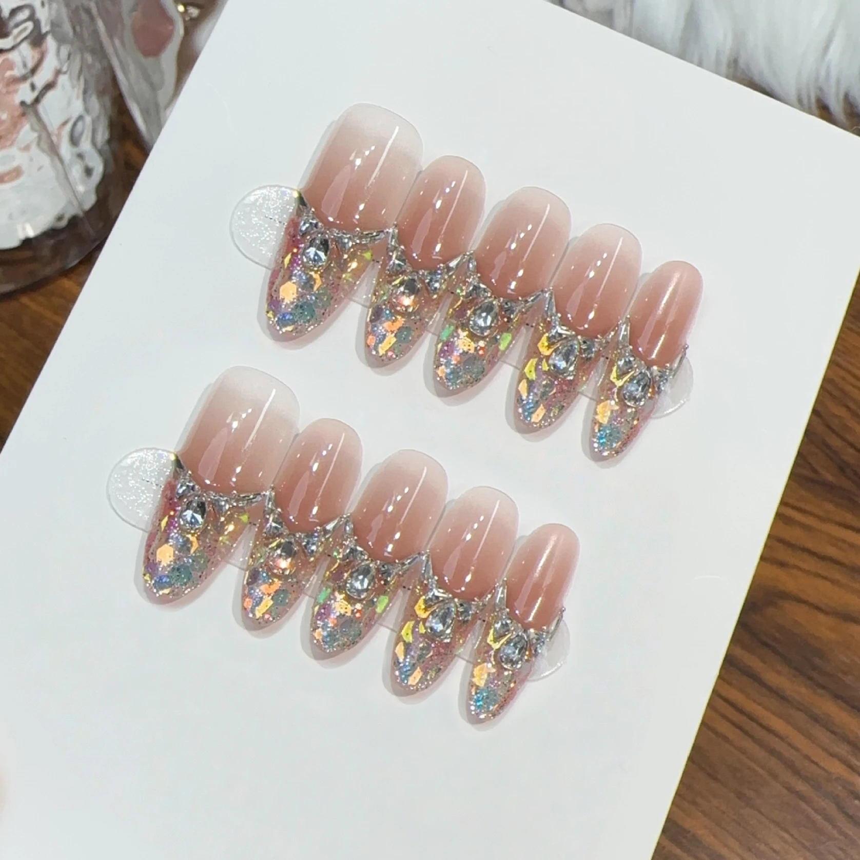 10PCS Handmade Long Stiletto Press On Nail With Pearls Pink Purple French False Nail Wearable Almond Stiletto Tip Glitter Carved