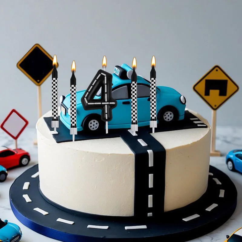 7 قطعة/المجموعة سباق السيارات عيد ميلاد عدد الشموع أسود أبيض متقلب تحت عنوان كعكة توبر أطفال بنين حفلة عيد ميلاد الديكور المفضلة #3