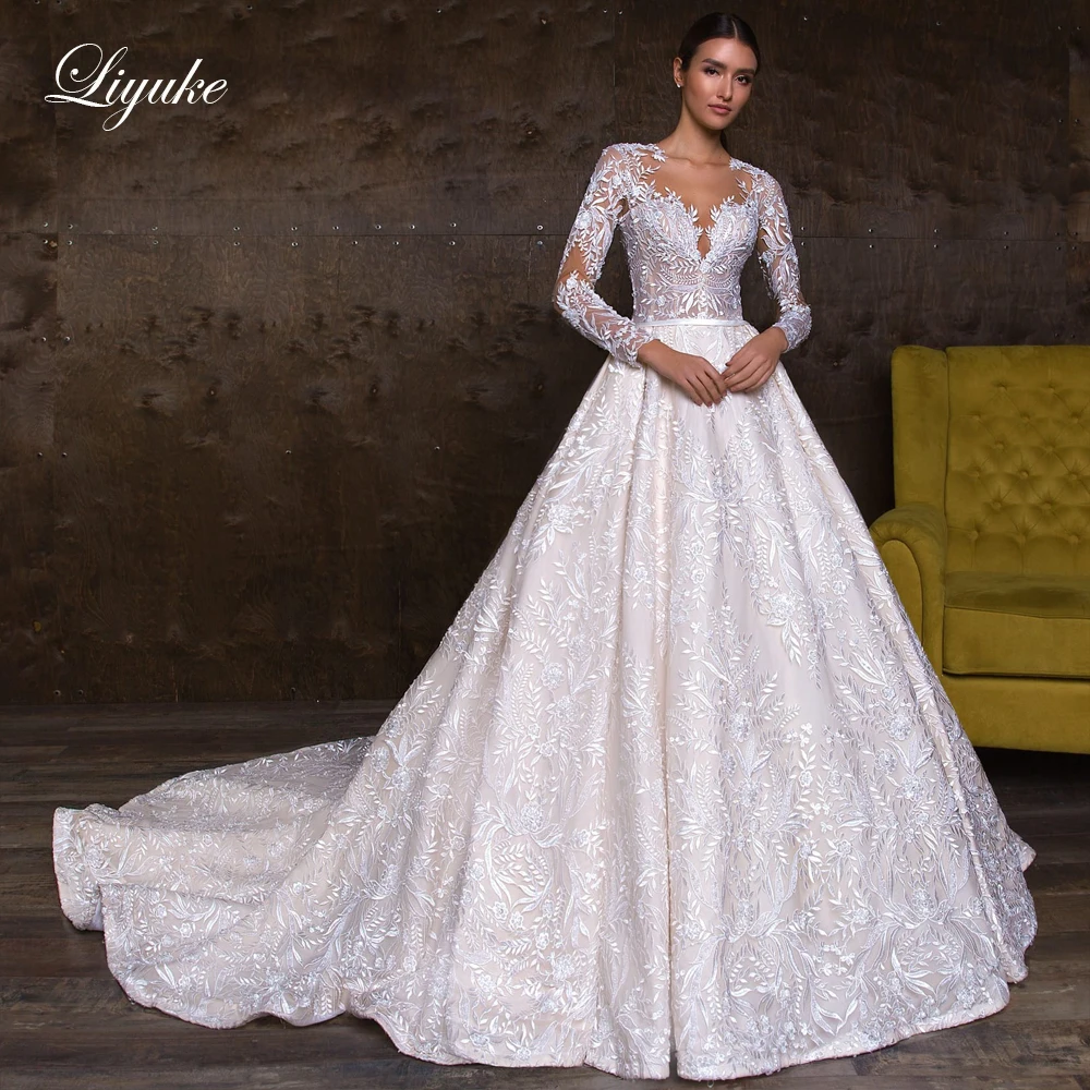 

Liyuke Elegance Beading Lace A-Line Wedding Dress Full Sleeves Backless Embroidery Floral Prints O-Neck Bridal Gowns