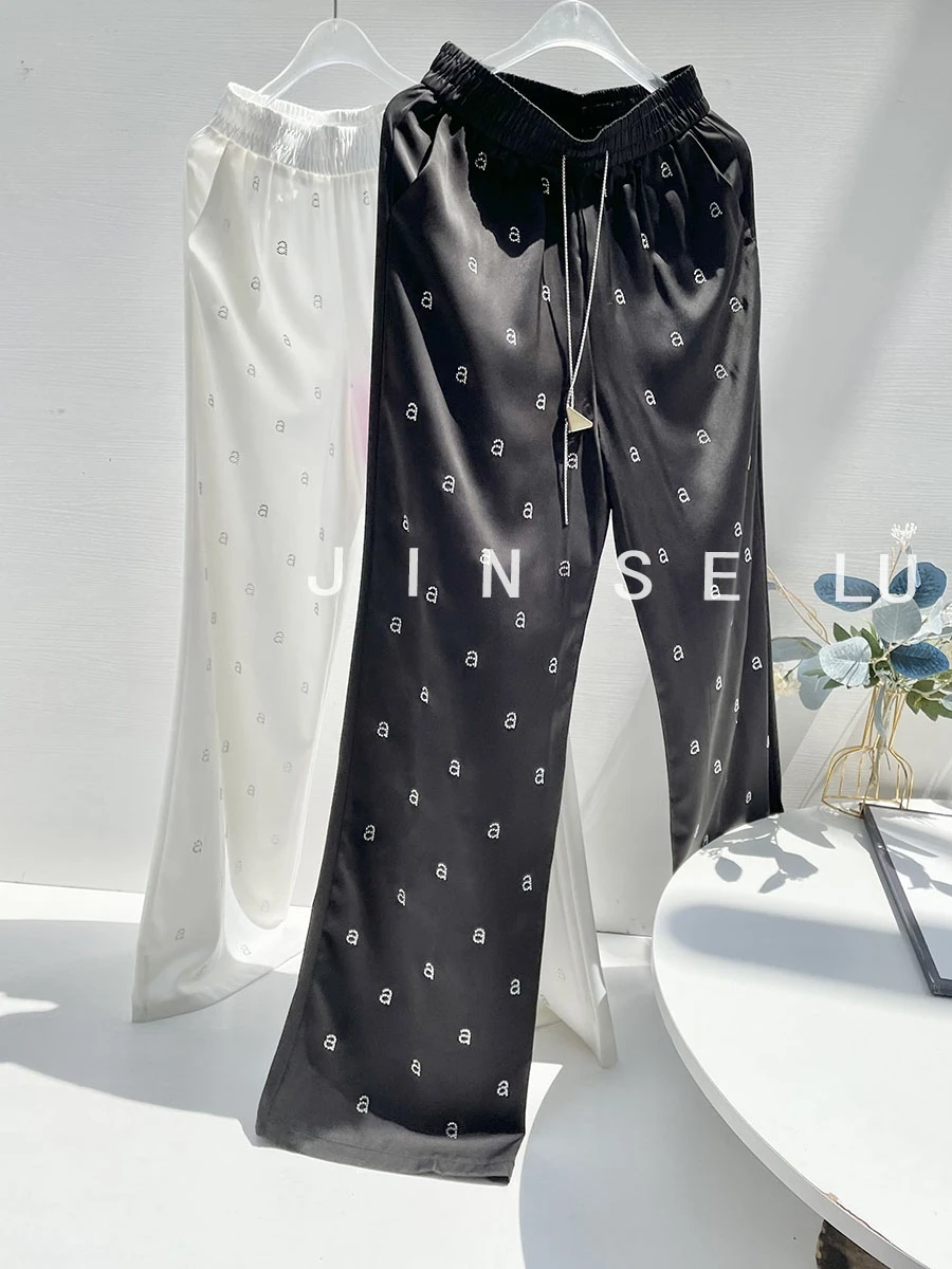 Acetate Satin High-end Wide-Leg Pants for Women High Waist Drooping Loose Letters Rhinestone Straight Casual Pants Summer New