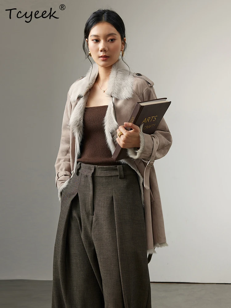 Tcyeek Real Wool Autumn Winter High End Trendy Cream Grey Medium Length Women's Lamb Wool Shearling Fur Coat Fourrures Femme