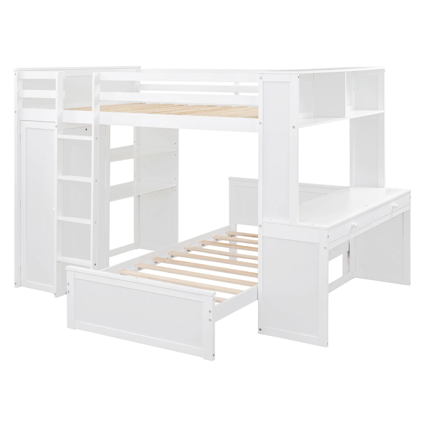 Full size Loft Bed Twin Stand-alone Bed Shelves Desk Wardrobe White