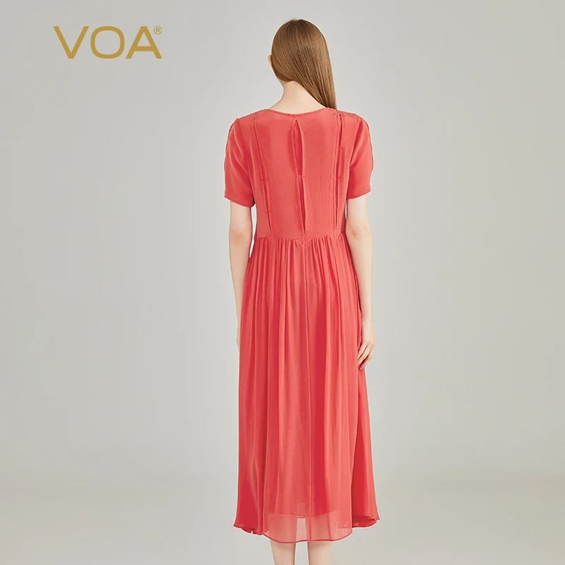 VOA Silk 40 Momme Heavyweight Red Round Neck Studded Pearl Thread Arch Needle Decorative Bumper Georgi Short Sleeve Dress AE2193