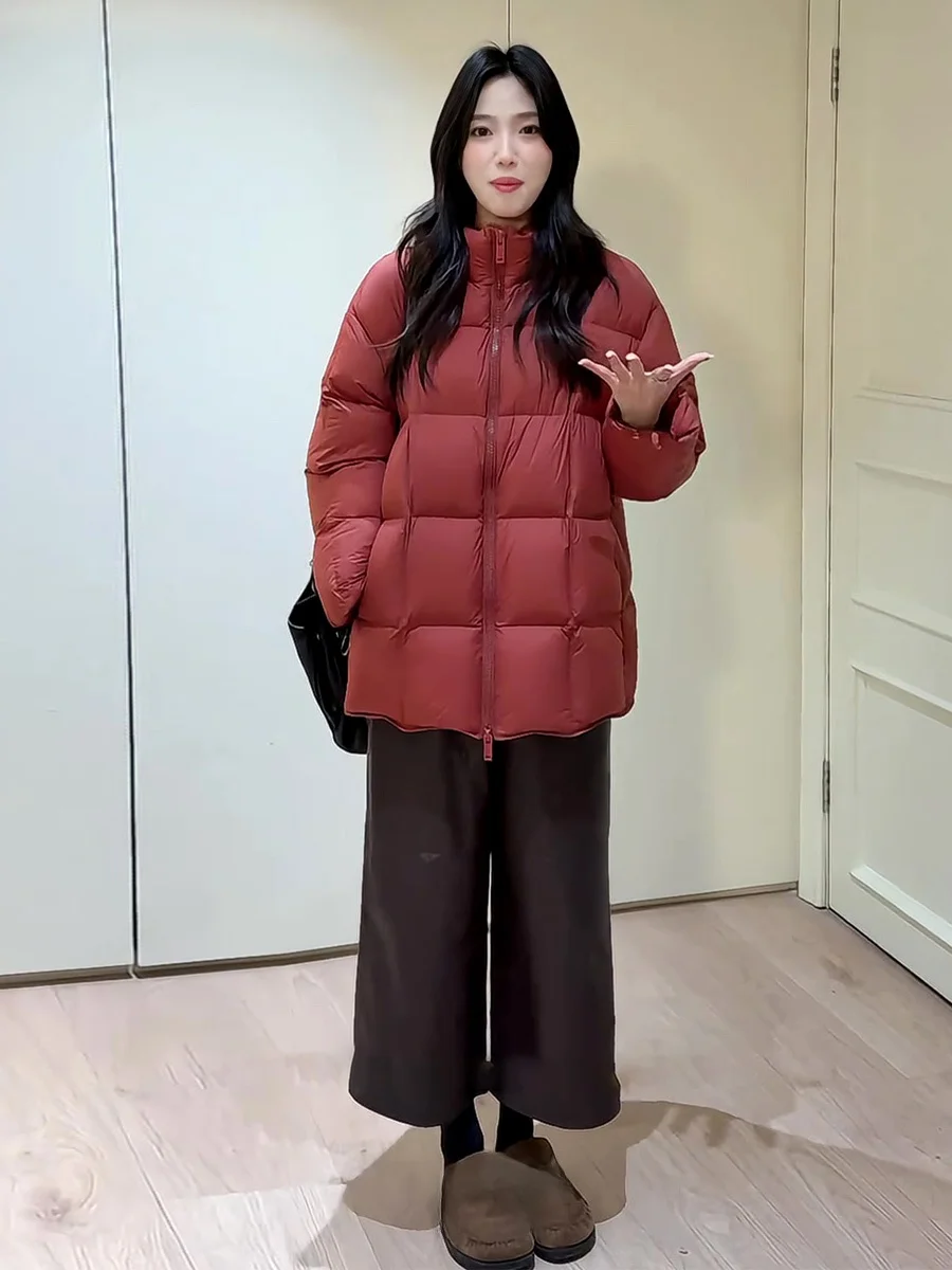

Red Casual Sle Stand Collar Mid-Length down Jaet Women's Winter Thi Warm Loose Outerwear White Du down Filling