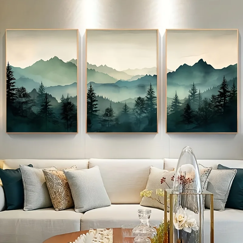 3pcs Art Deco Style Canvas Wall Art Set - Nordic Forest Landscape Watercolor Prints, Frameless Poster for Home Office, Living Ro