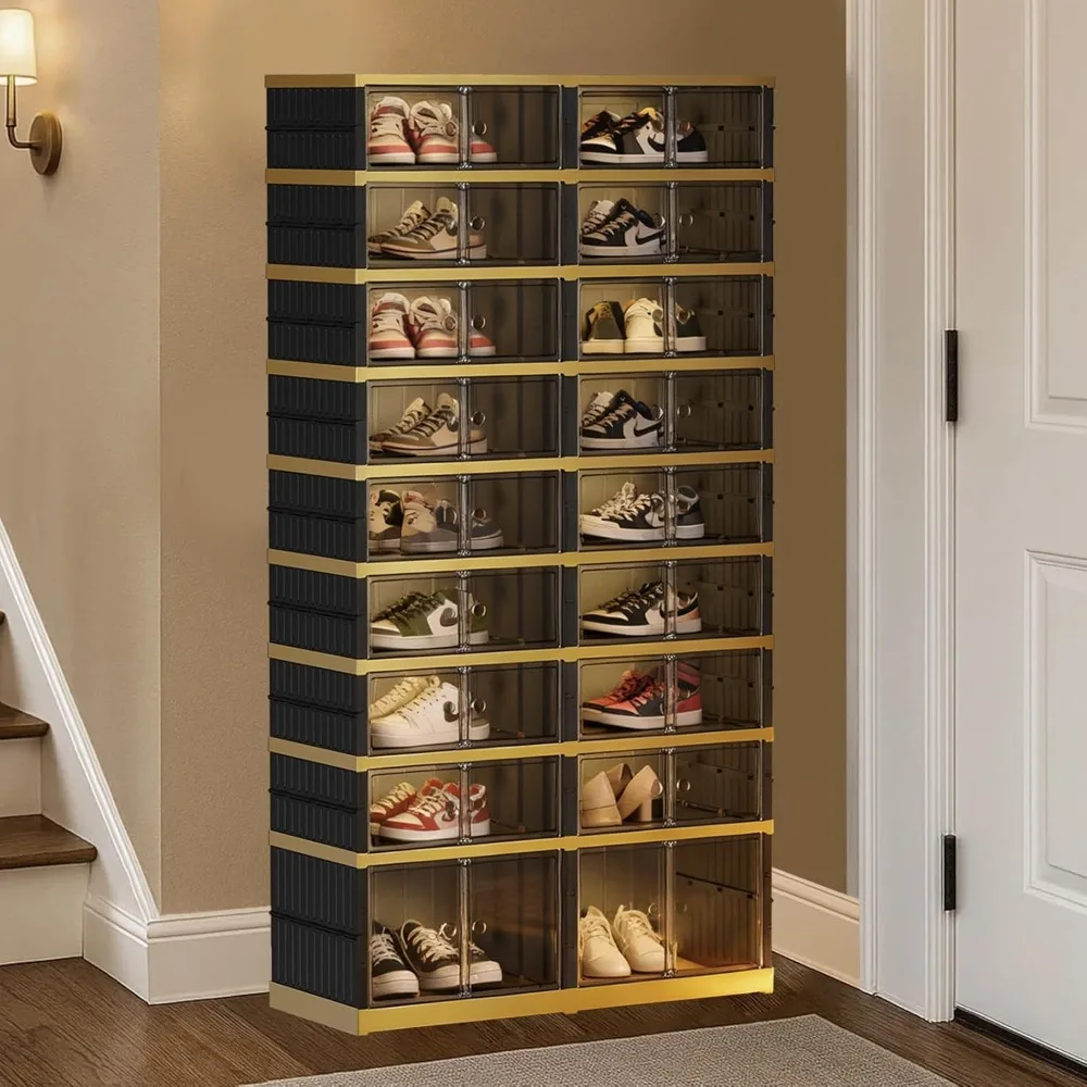 

Foldable Shoe Rack Organizer 9 Tiers 36 Pairs Shoe Shelf with Doors, Folding Plastic Storage Boxes, Black Gold