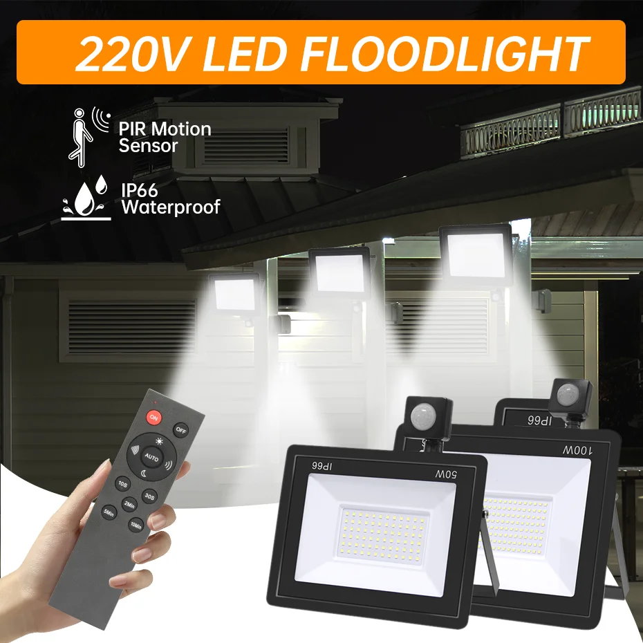 

Светодиодный прожектор с датчиком движения, прожектор с дистанционным управлением, AC220V, 10 Вт/20 Вт/30 Вт/50 Вт/100 Вт, уличная лампа для проектора, внешний прожектор