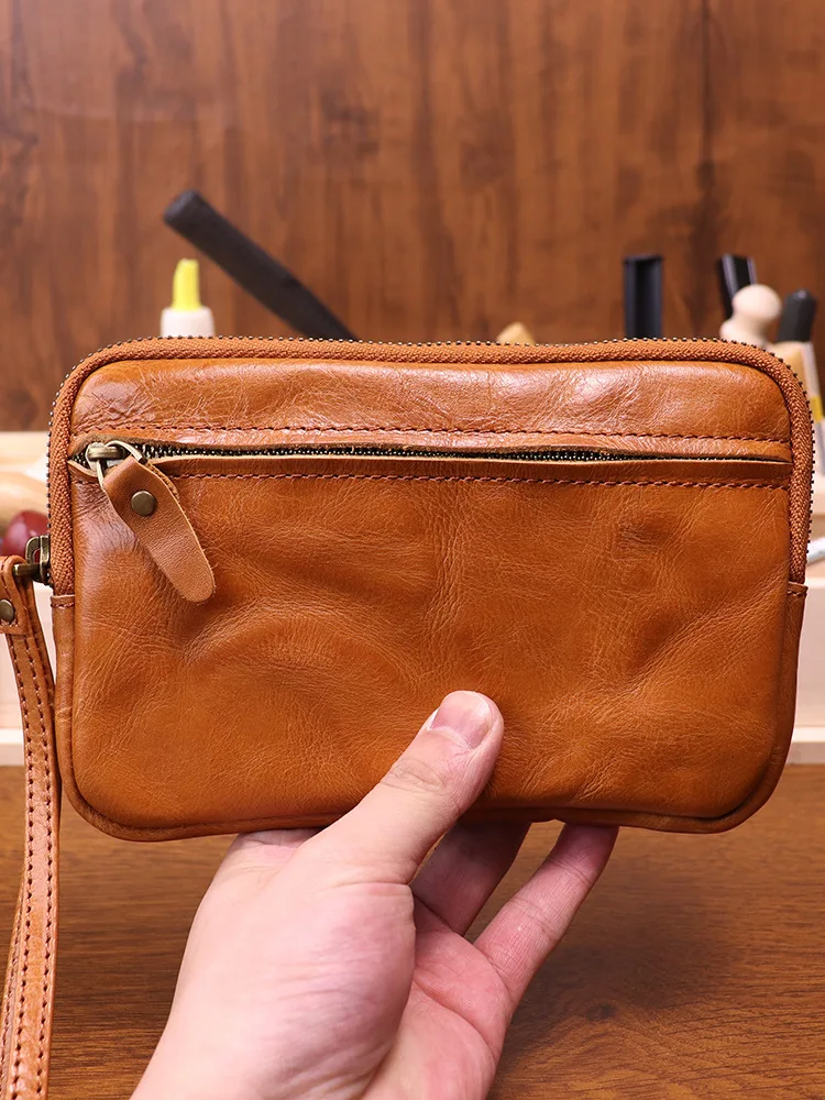 

Vegetable Tanned Leather Zipper Purse Cowhide Zero Wallet Large Capacity Card Bag Cow Leather Key Storage Bag Clutch Bags Wallet