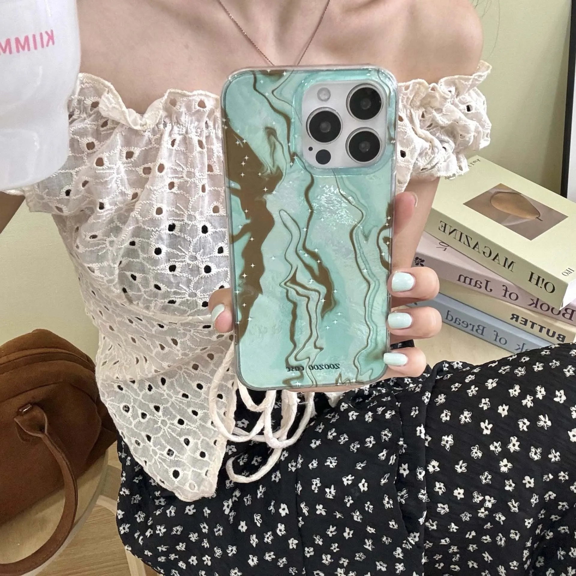 Mint Green Chocolate Motting Shiny Cover For Iphone 15Pro 14Pro 15 14 13 12 Pro Max 13ProMax Summer Little Stars Phone Case