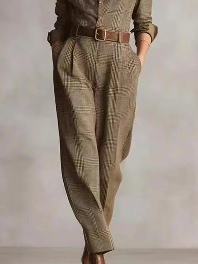 

Fashion Lapel Collar Shirt Jumpsuit Women Elegant Checkered Print Pocket Long Romper Casual Long Sleeve Loose Commuting Playsuit