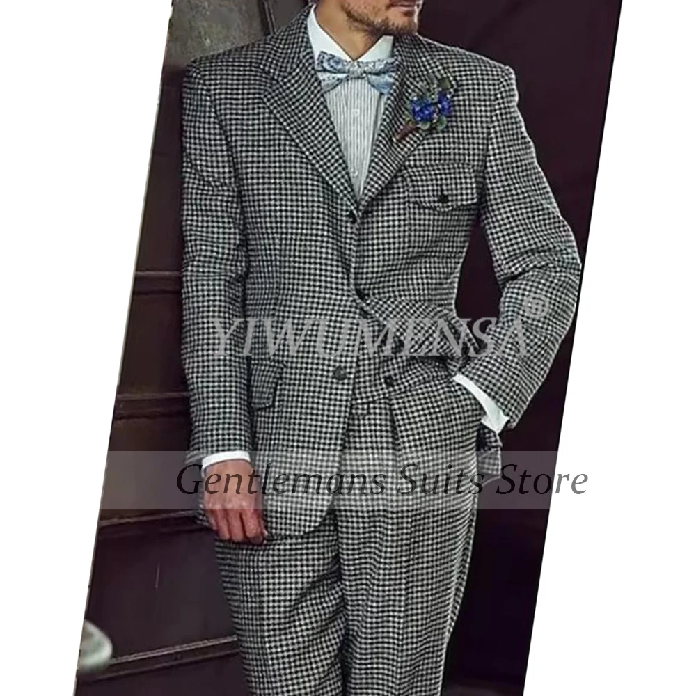 

British Style Houndstooth Suits Men For Business Party Single Breasted Prom Blazer Customized 3 Pieces Sets Groom Wedding Tuxedo
