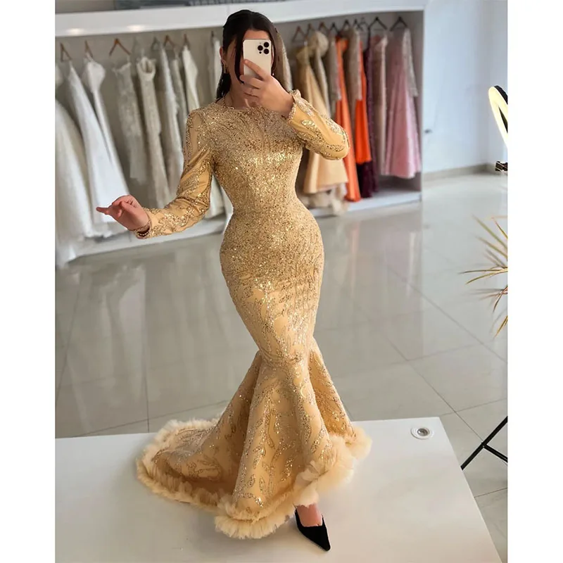 Vestido sereia dourado com lantejoulas, Vestidos longos para ocasiões especiais, Festa de baile elegante, Mangas compridas