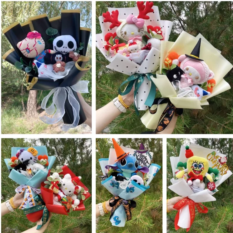 Cartoon My Melody Kuromi Cinnamoroll Kt Cat Stich Plush Doll Toy Flower Bouquet Halloween Christmas Gifts For Kids