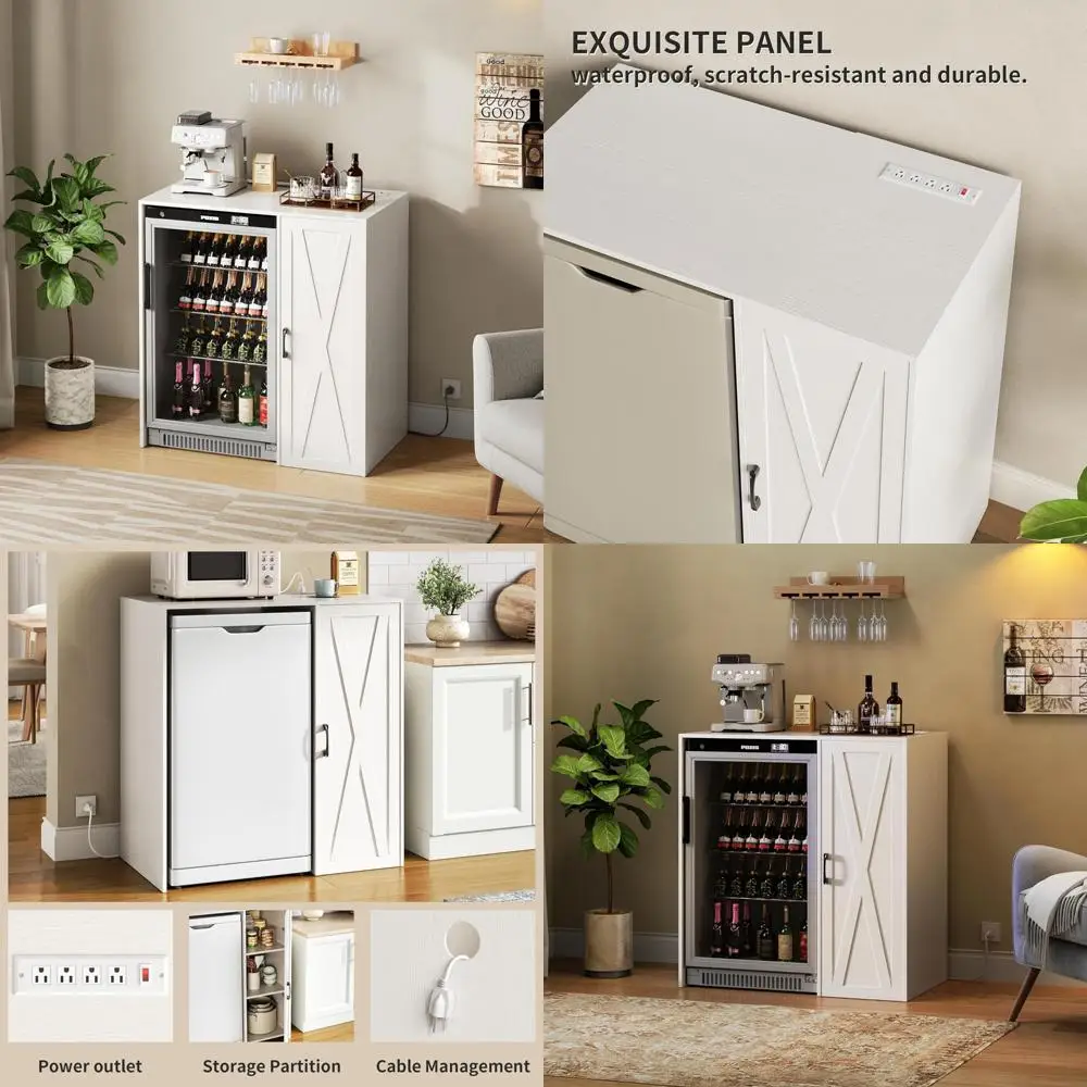 

Компактный шкаф для хранения со встроенным кофейником и розеткой, вмещает холодильник для вина на 24 бутылки, трехъярусный органайзер, переможевый