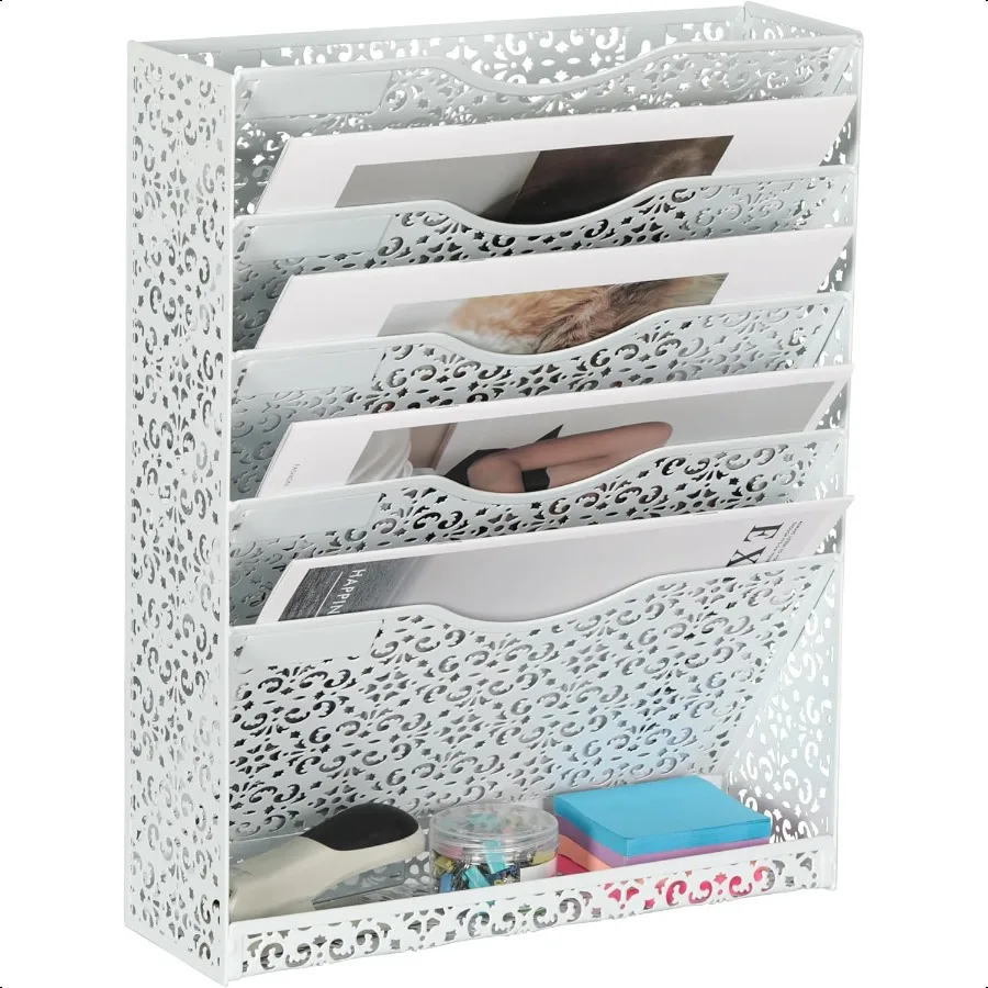 

EasyPAG Desk File Organizer Heavy Duty Metal Wall Mount File Holder 5 Tier Mail Paper Folder Holder with Bottom Tray for Office
