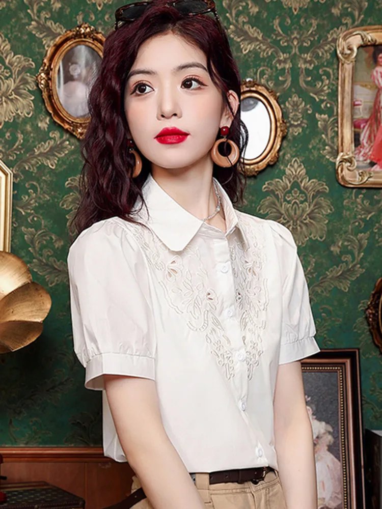 SMTHMA 2024 New Summer China Style Embroidered Hollow Out Short Sleeved Shirt Women\'s Turndown Collar Fashion Solid Tops