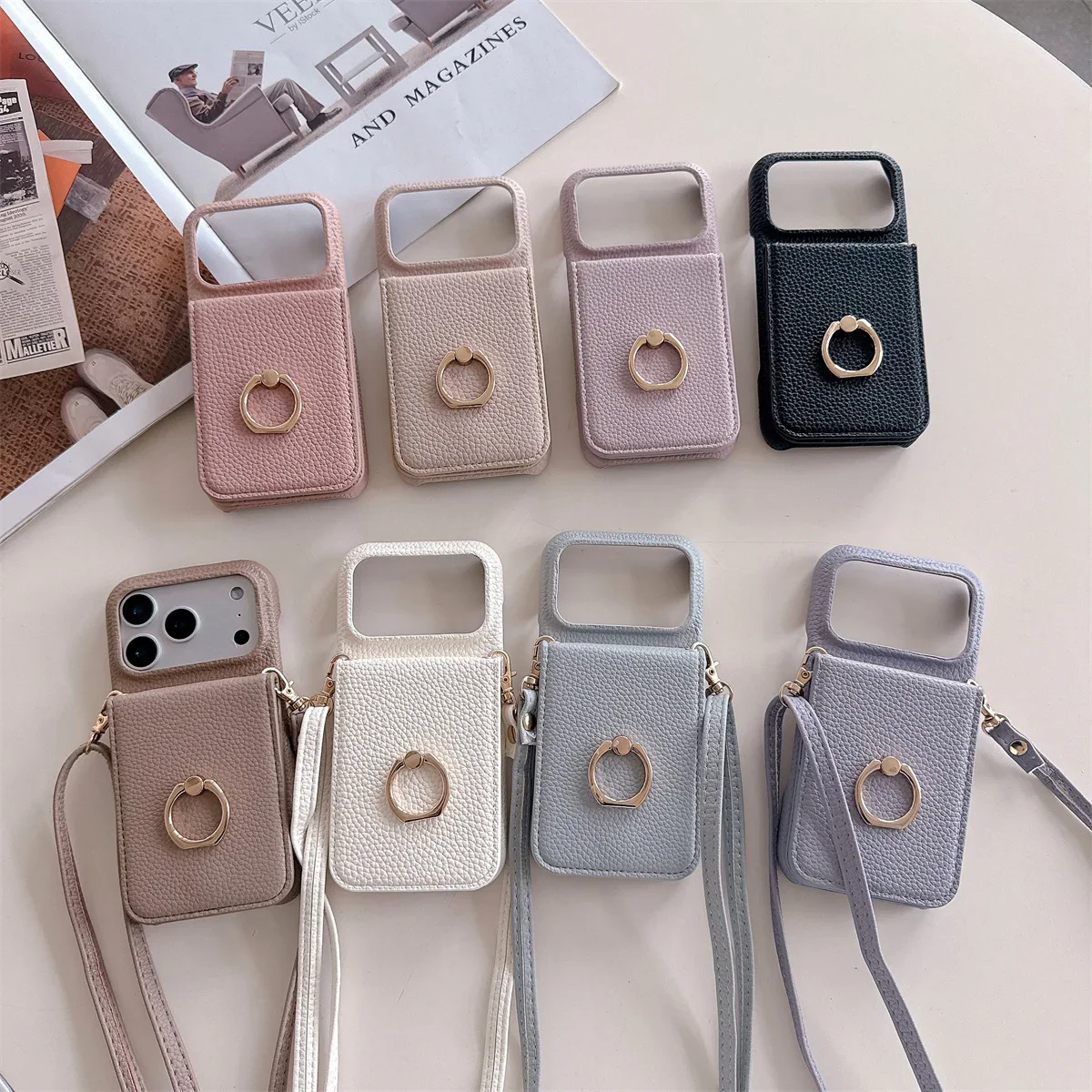 Lanière à bandoulière avec anneau porte-carte, étui portefeuille avec miroir de maquillage pour IPhone 17 Air 16E 15 14 Plus 13 12 11 Pro Max