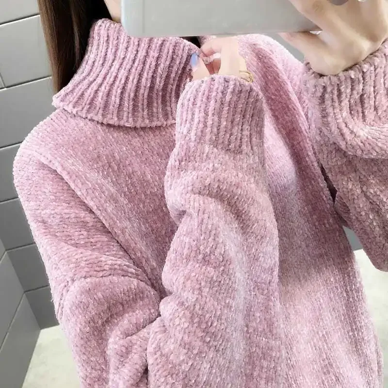 Damen-Chenille-Rollkragenpullover, koreanischer Stil, einfarbig, dicker Pullover, locker, fauler Stil, Herbst, Winter