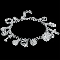 Fashion 925 Sterling Silver Bracelet for Woman Pretty Heart Zircon Pendant Chain Wedding Party Gifts Classic Jewelry 20CM 8inch