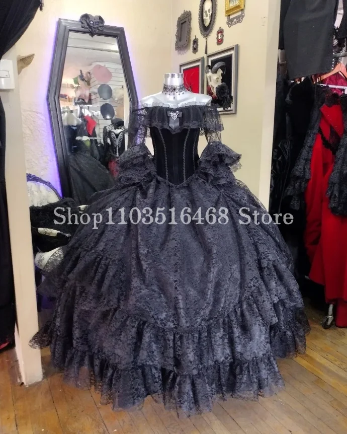 

Vintage Black Wedding Dress Gothic One Shoulder Half Sleeve Lace Beaded Applique A-line Victorian Puffy Halloween Party Dresses