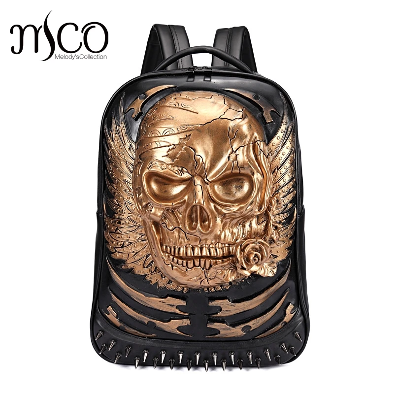 Rivet 3D Skull Skeleton Embossed Shoulder Bag Travel Punk Backpack Restore Halloween Cool Dark Gothic Carving Style Backpack