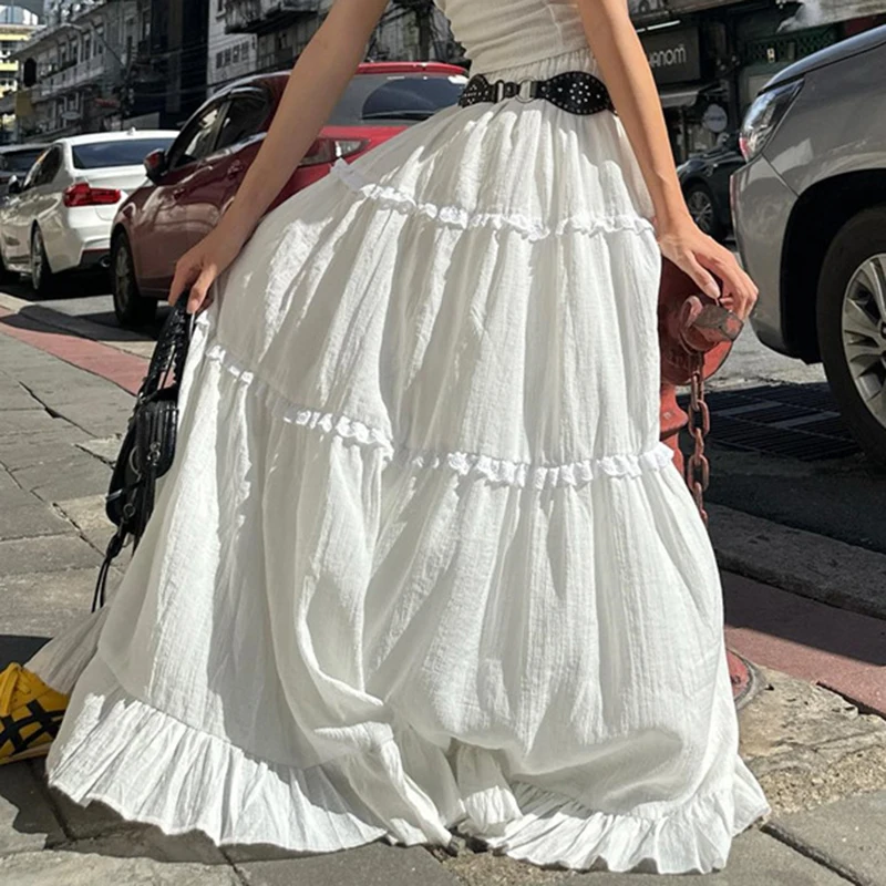 Fairy Core Retro Ruffles Trim Loose Maxi Skirt Elastic Waist Flowy A-Line Long Skirt Y2K Aesthetic Cottage Vintage Streetwear