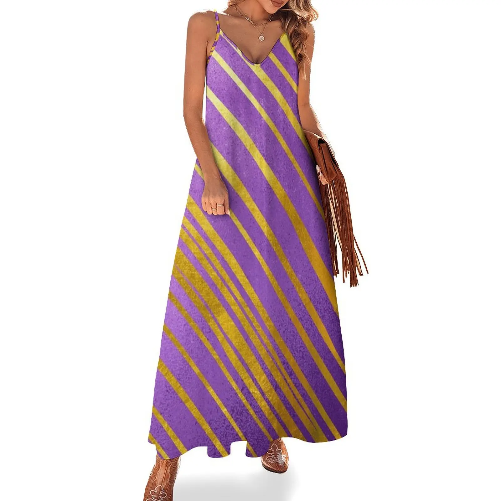 

Purple and gold stripes Sleeveless Dress luxury woman party dress Dress for pregnant women