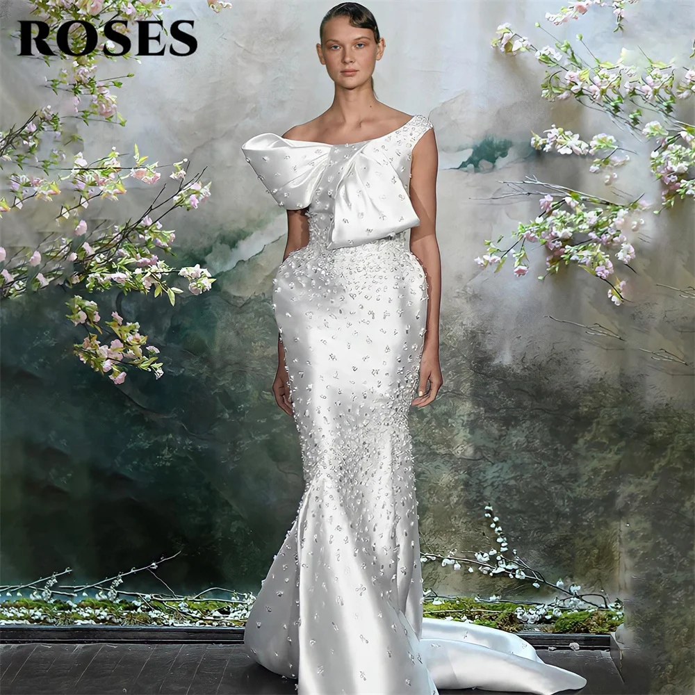 ROSES White Evening Gown One Shoulder Prom Dress with Crystal and Bow Wedding Evening Dress Trumpet robes de soirée Customized