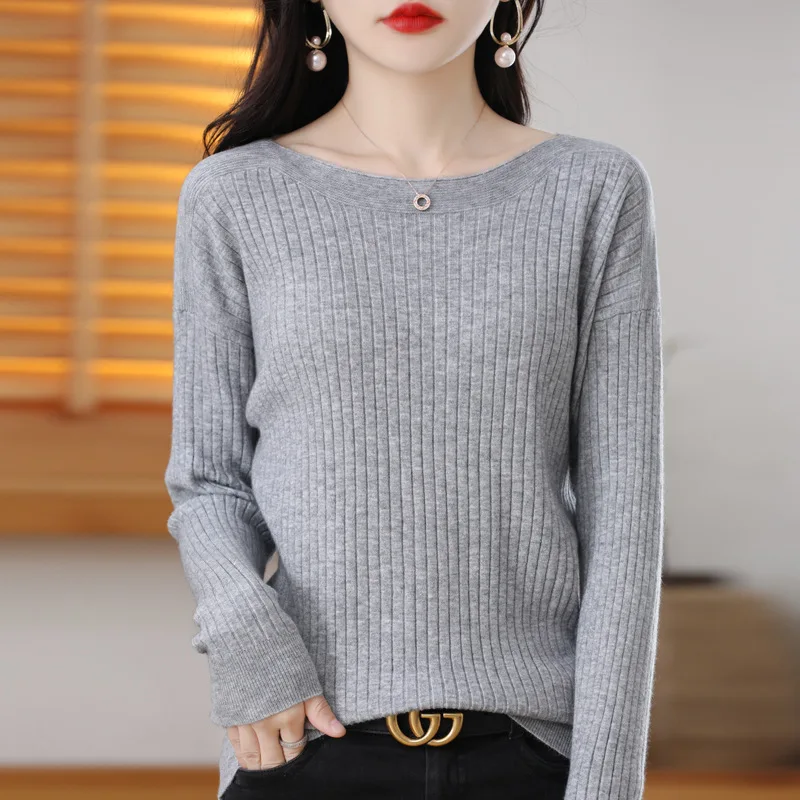 

Women Sweater Autumn Winter Long Sleeve Striped Knitted Sweater Casual Undershirts Slash Neck Bottoming Innerwear Korean Jumper