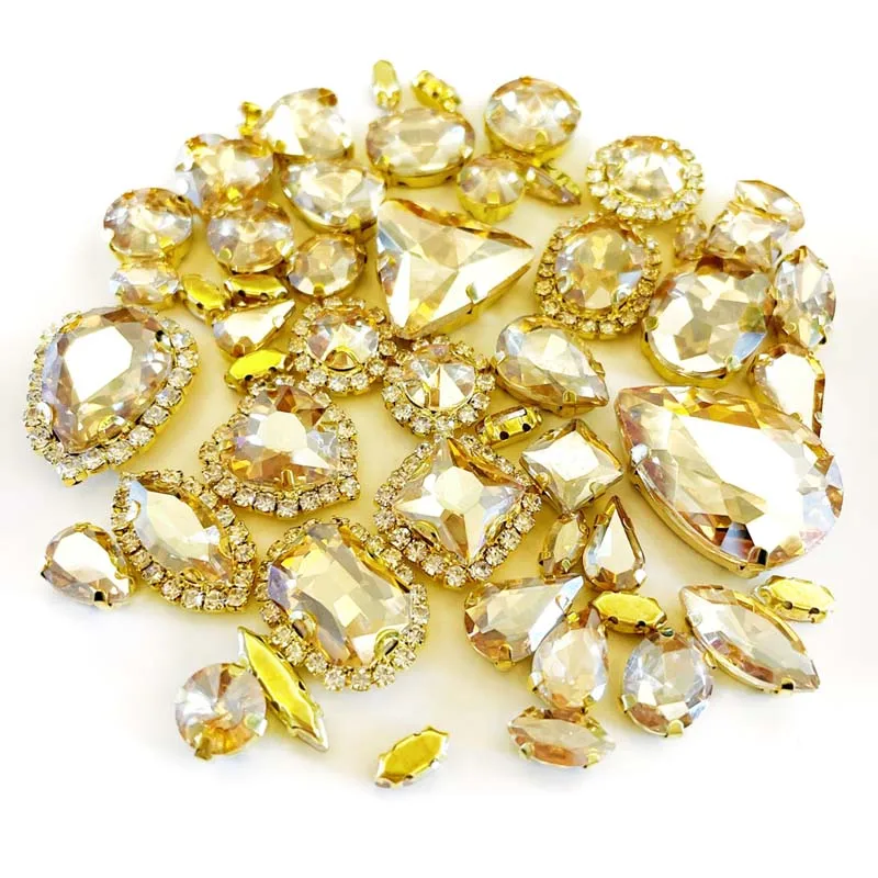 Mix 58Pcs Champagne Glass Rhinestones, Golden Crystal Buckle, Sewing Accessories, Use for Needlework, DIY Clothing Decoration