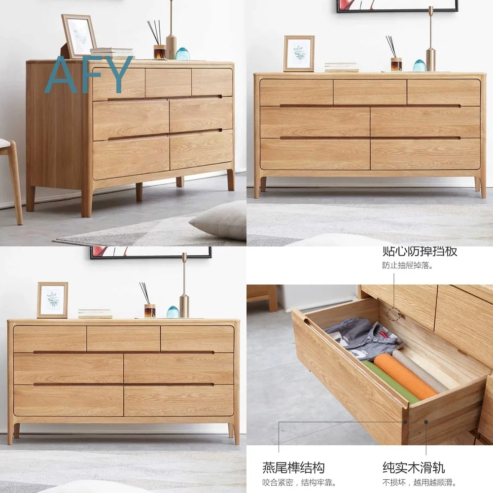New Nordic Style Log Oak Wide Seven-Drawer Chest Cabinet for Kids Eco Friendly Solid Wood Storage Unit Cloud Design Childrens