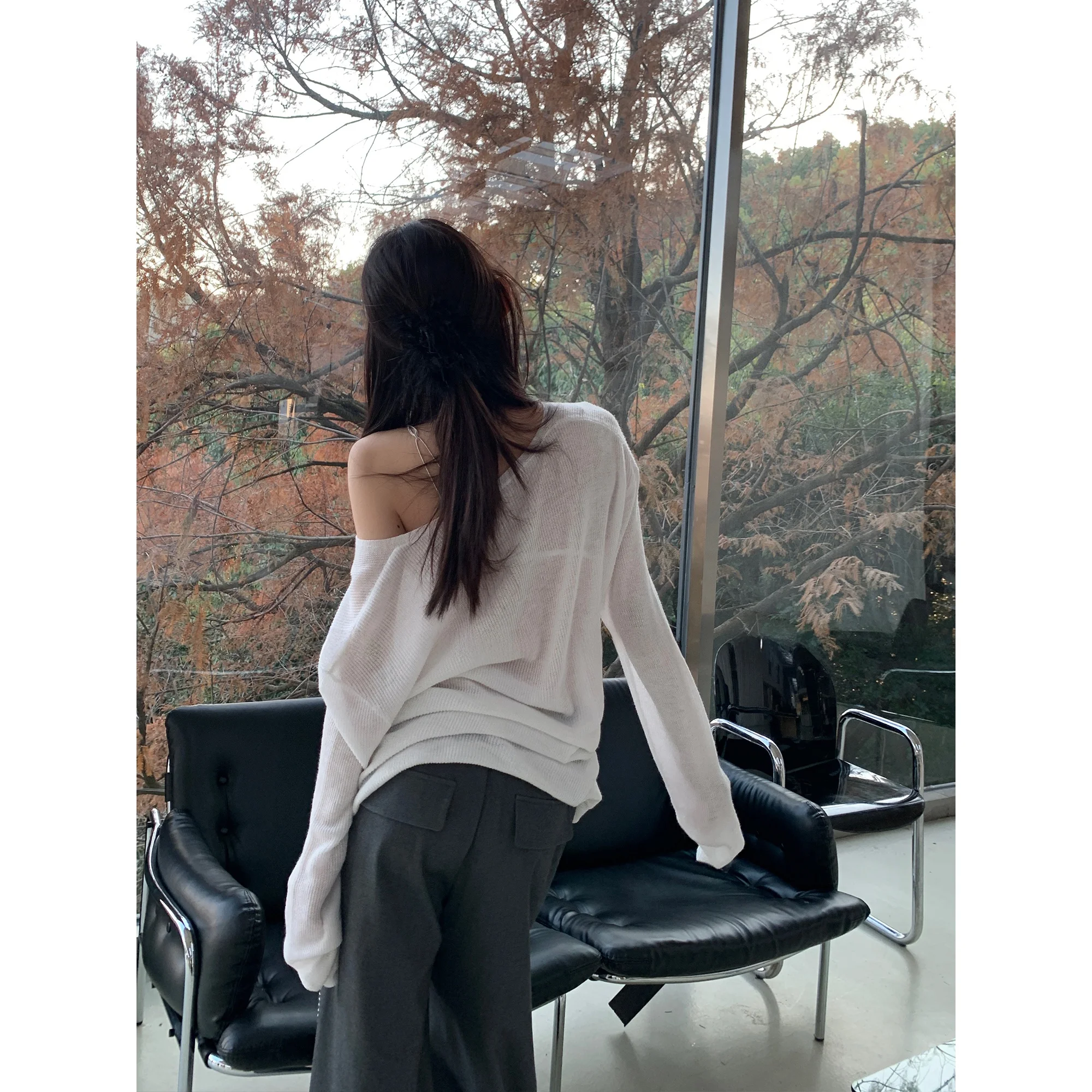 

SU Белый полупрозрачный вязаный топ Long Sve с колючками, свободный крой, защита от ультрафиолета, весенняя новинка, женская мода