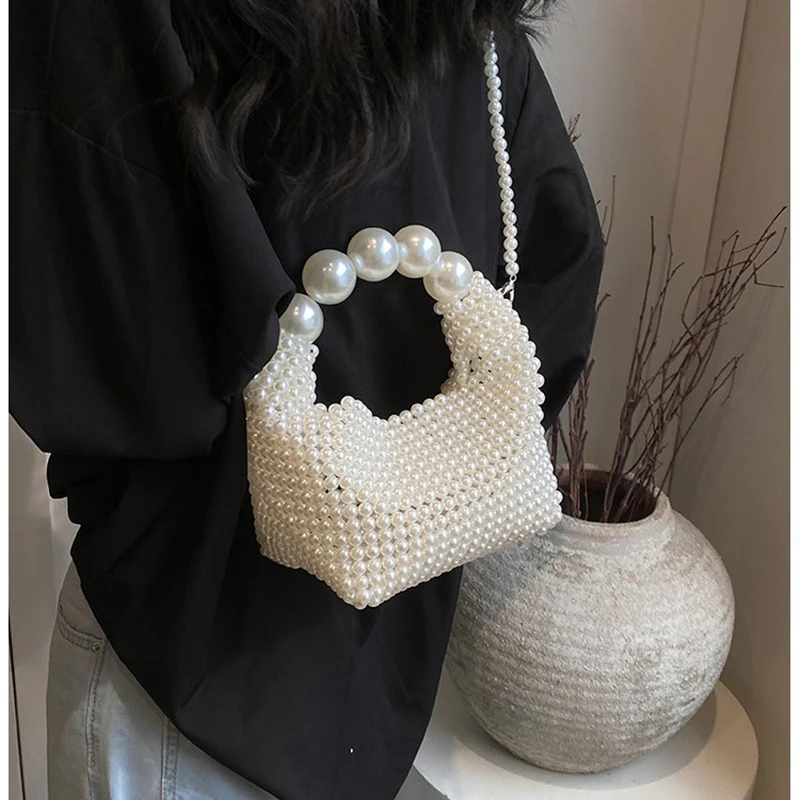 2024 Spring New Pearl Beaded Handbag for Women French Retro Fairy Woven Banquet Bag Trendy Large Capacity Portable Shoulder Bags