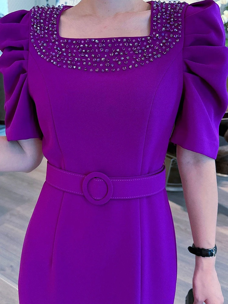 ZJYT luksusowe koraliki czerwone imprezy specjalne imprezy sukienki dla kobiet na wieczorny bal Midi Vestido Fiesta eleganckie kwadratowy kołnierzyk fioletowe