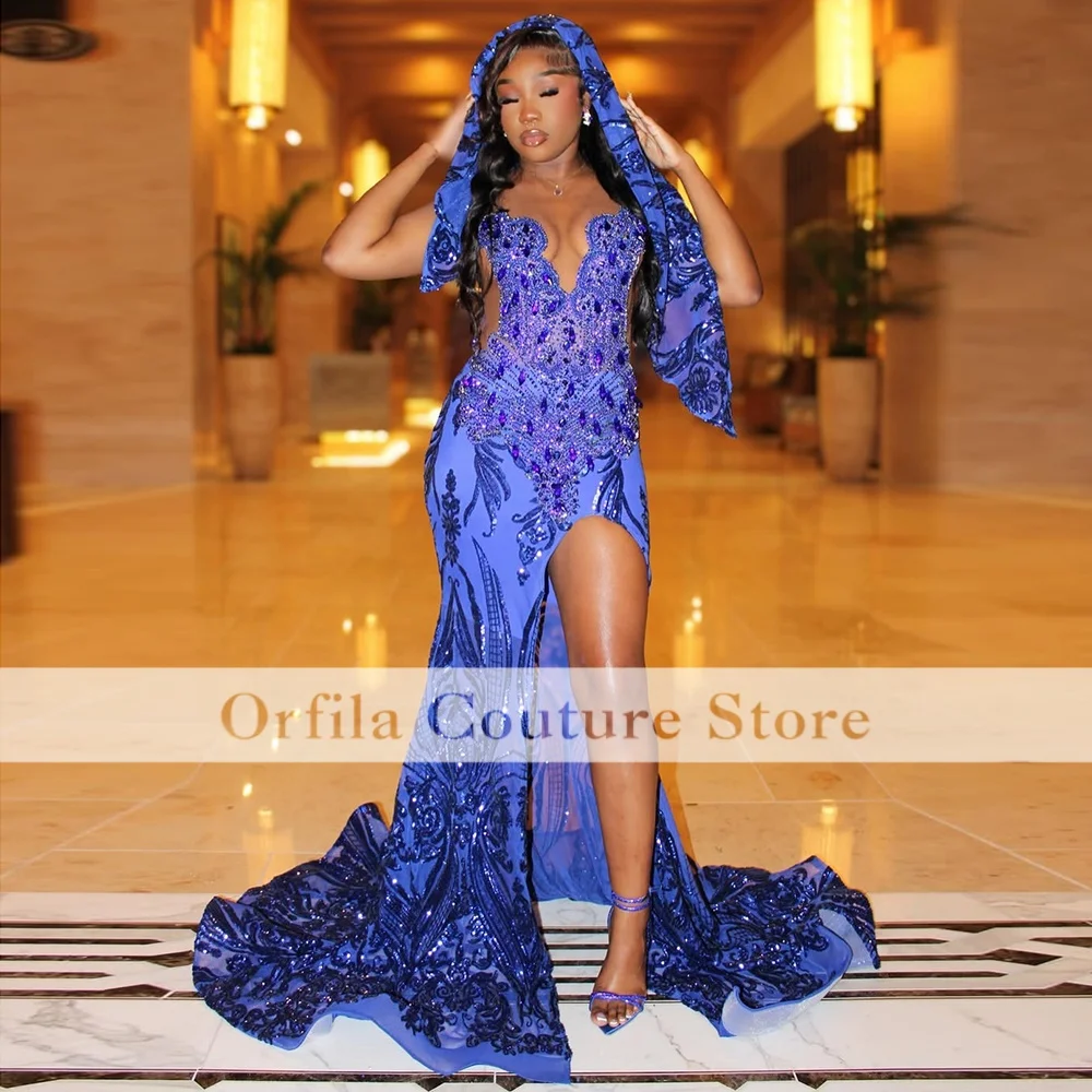 Blue Mermaid Prom Dress Crystal Beaded African Black Girls Party Gowns With Fringe Evening Gown Customized