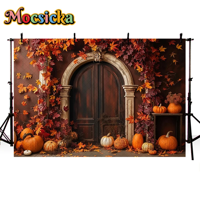 Mocsicka Photography Background Fall Pumpkin Red Maple Leaf Arch Decor Adult Children Artistic Portrait Backdrop Photo Studio