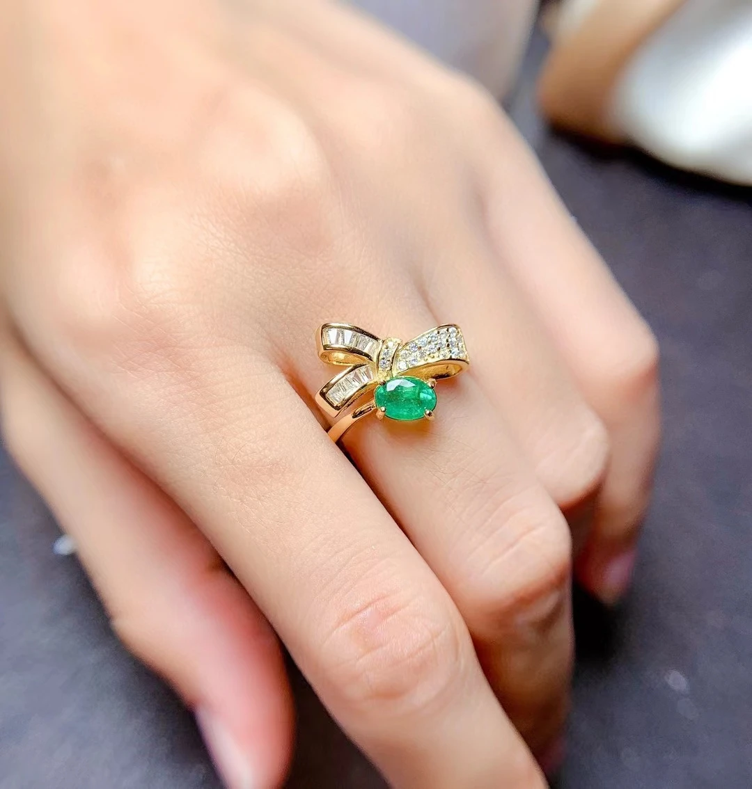 MeiBaPJ 5mm*7mm Natural Emerald Fashion Bow Ring for Women Real 925 Sterling Silver Charm Fine Wedding Jewelry