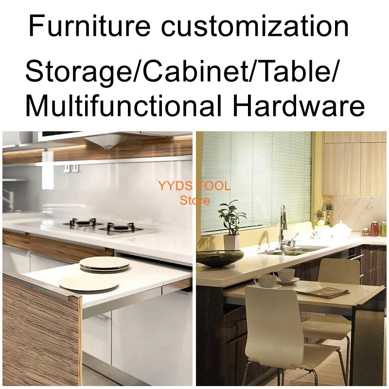 Multifunctional แบน Push Telescopic Pull-Out รับประทานอาหารตาราง Track ซ่อนตู้ฮาร์ดแวร์ที่มองไม่เห็นพับตาราง Rail