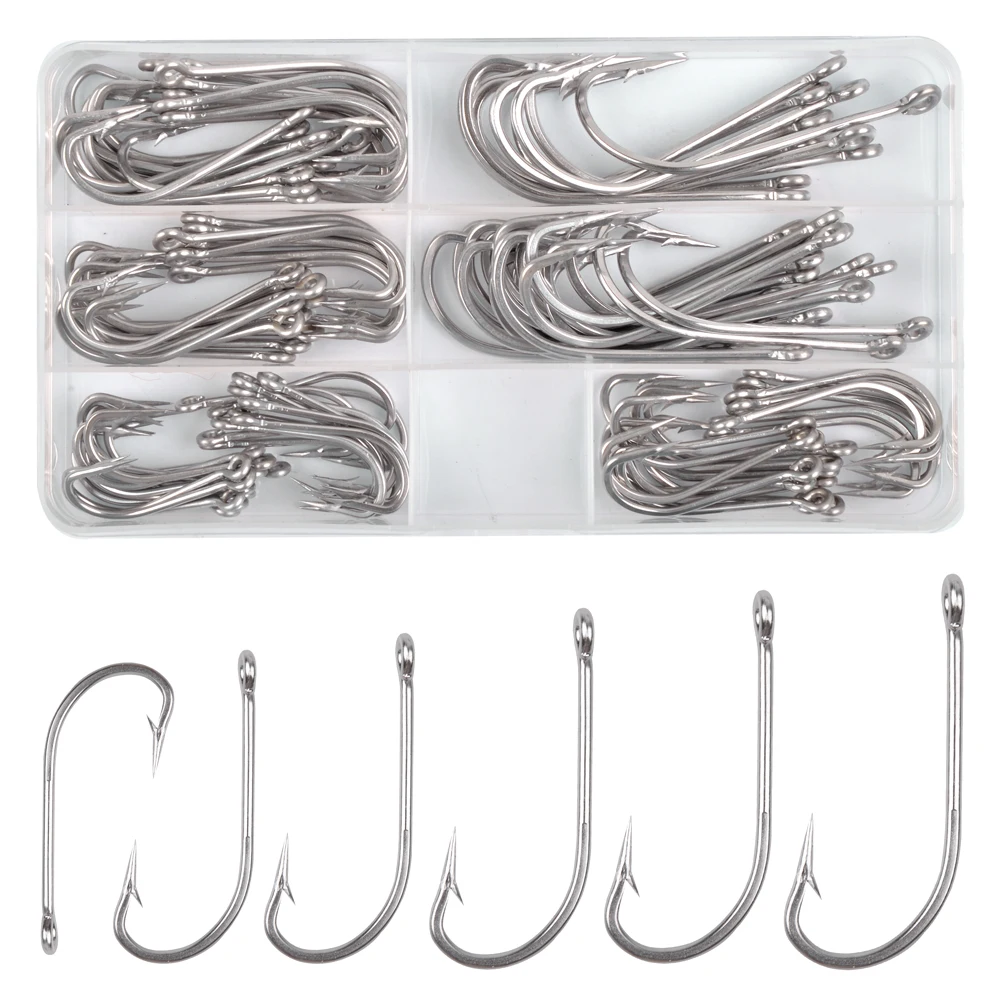 115Pcs Stainless Steel Fishing Hooks Kit Saltwater Extra Strong O'Shaughnessy Forged Long Shank Trolling Hooks 1/0-8/0